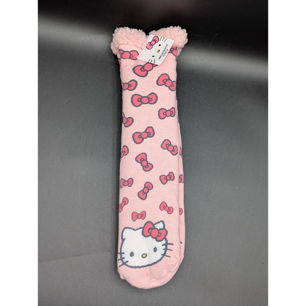New SANRIO HELLO KITTY Ladies SHERPA SLIPPER SOCKS GRIPPER BOTTOM BOWS ALL OVER